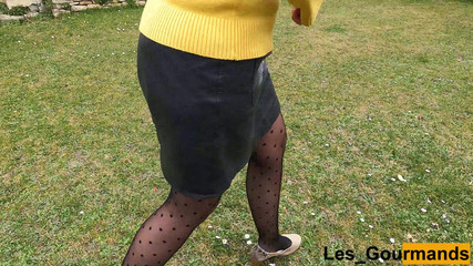 MILF in Stockings and Heels with a Leather Skirt Pee Squatting Outside Close up on Her Pierced Cunt