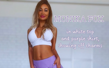 Monika Fox Posing in White Top, Purple Skirt and Showing Pussy and Ass