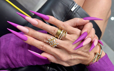 New Purple Color Long Nails, Sharp Stilettos, Palms, Long Fingers and Hands Worship, Purple Blouse and Leather Skirt on Me