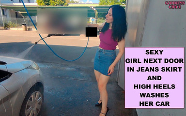 Sexy Girl Next Door in Jeans Skirt and High Heels Washes Her Car