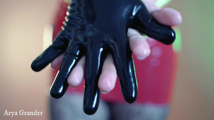 Nude Topless Curvy Girl in Red Fetish Pvc Corset and Latex Skirt Wearing Rubber Gloves